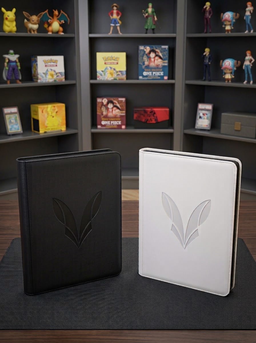 Binders KITSUNE GUARD noir et blanc posés devant une étagère de collection